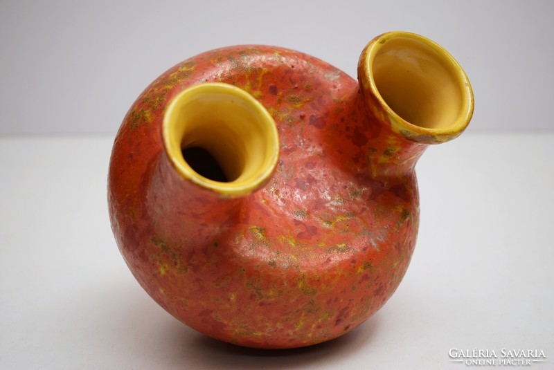 Mid century lake head two-pronged ceramic vase / retro two-necked vase