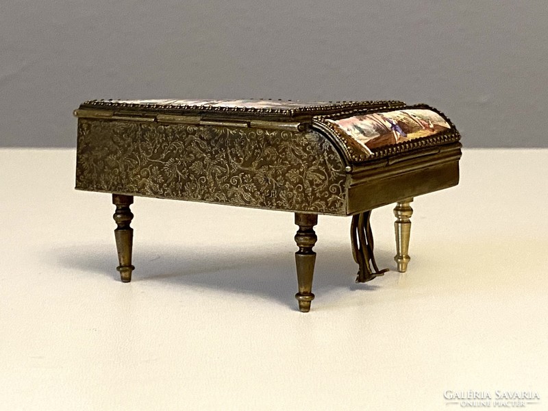Antique piano-shaped copper jewelery holder with painted porcelain insert