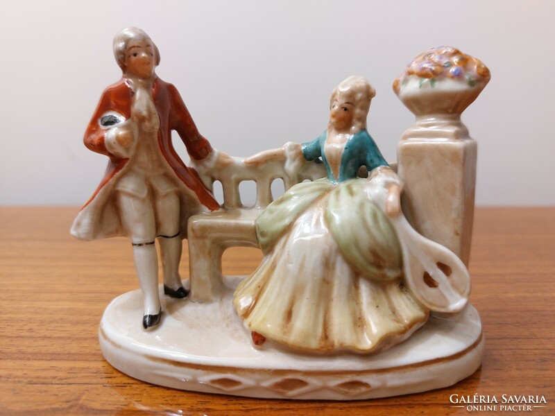 Old German porcelain baroque pair of ladies on bench with mandolin