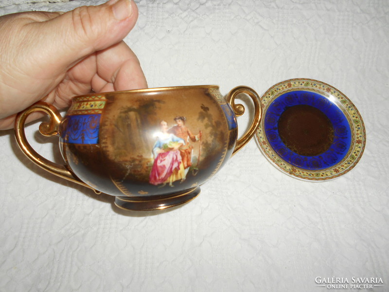 Antique scenic porcelain sugar holder, bowl with lid