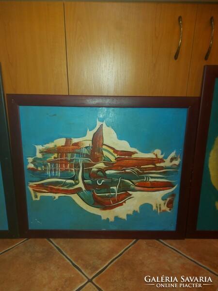 3 db absztrakt festmény, olaj, farost, 60x50/67×57 cm
