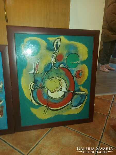 3 db absztrakt festmény, olaj, farost, 60x50/67×57 cm