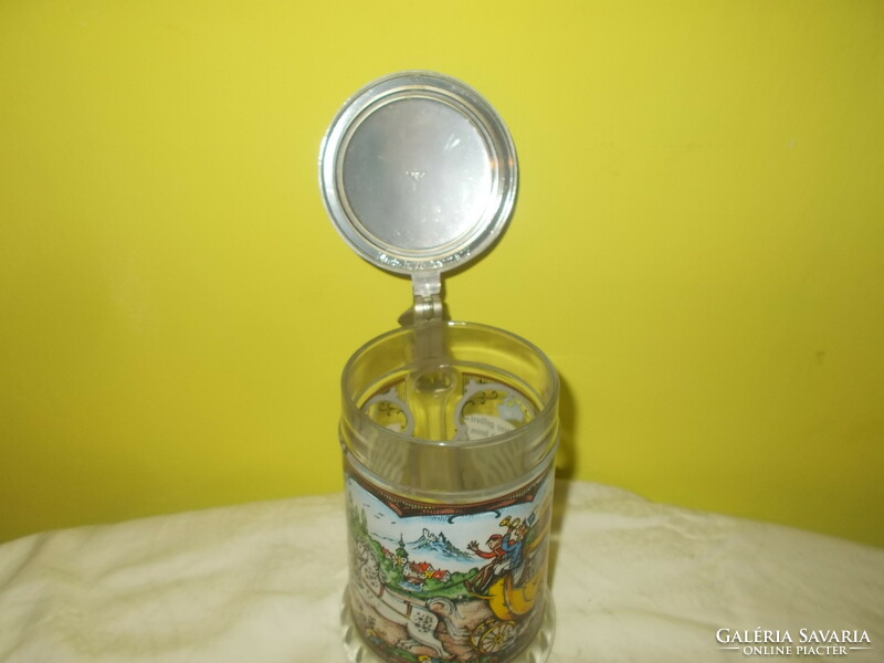 Glass cup with lid and jug scene