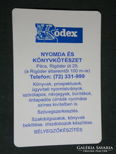 Kártyanaptár, Kódex nyomda könyvkötészet, Pécs, 1996,   (5)