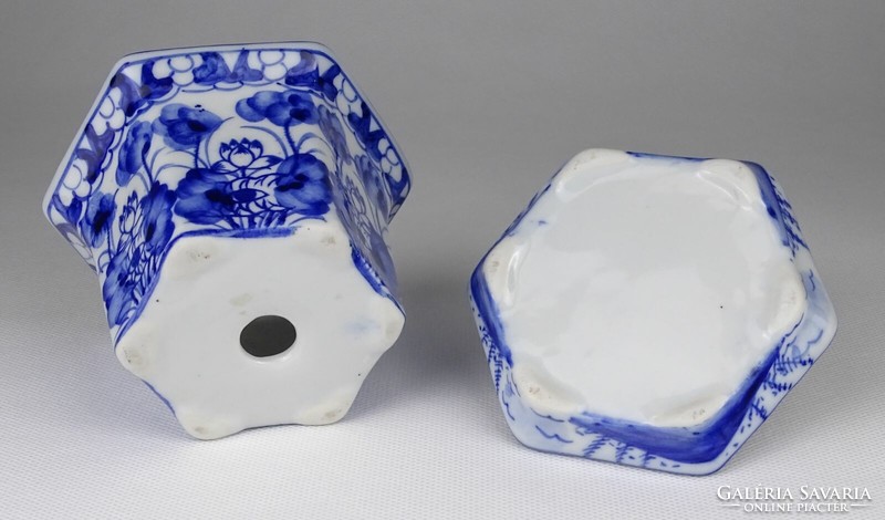 1Q084 Régi kisméretű kék-fehér kézi festésű porcelán kaspó alátéttel
