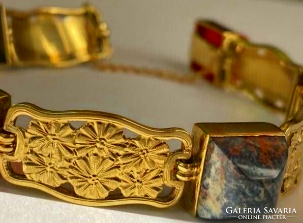 Antique flower pattern 14th century gold bracelet with semi-precious stones