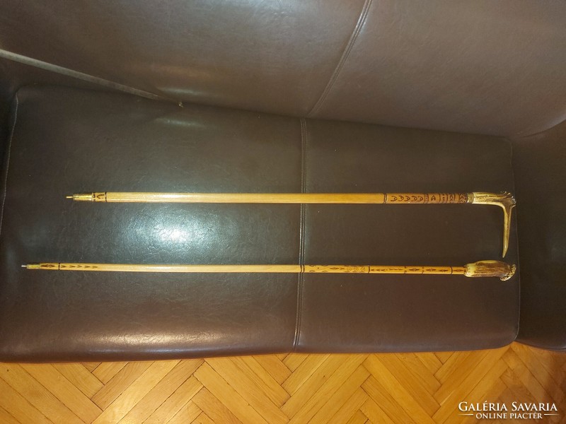 2 wooden walking sticks with antler teeth, hunting stick, in good condition