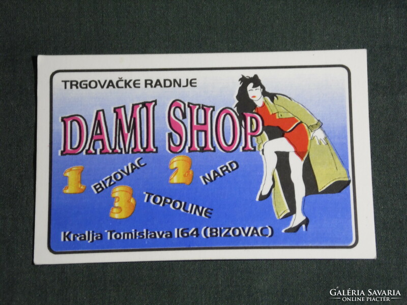 Kártyanaptár,Horvátország,Bizovac, Dami shop ruházat, divat, grafikai rajzos,női modell, 1996,   (5)