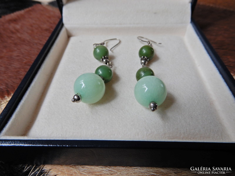 Old handmade silver dangle earrings with a pair of nephrite jade beads