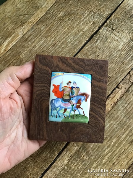 Miniature hand painted fire enamel on small wooden board.