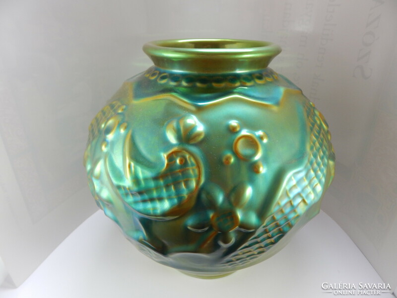 Zsolnay, andrás sinko green eosin glazed bird porcelain vase,