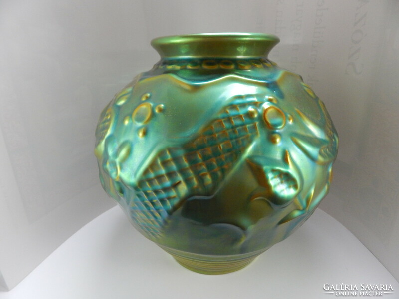 Zsolnay, andrás sinko green eosin glazed bird porcelain vase,