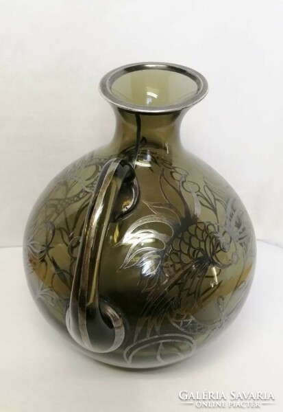 Silver inlaid art deco jug with firefish motifs, made of smoke-colored glass, in perfect condition