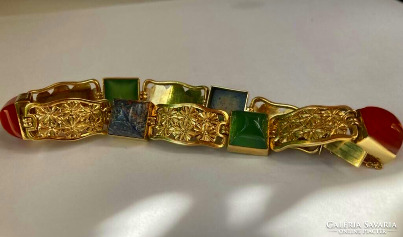 Antique flower pattern 14th century gold bracelet with semi-precious stones