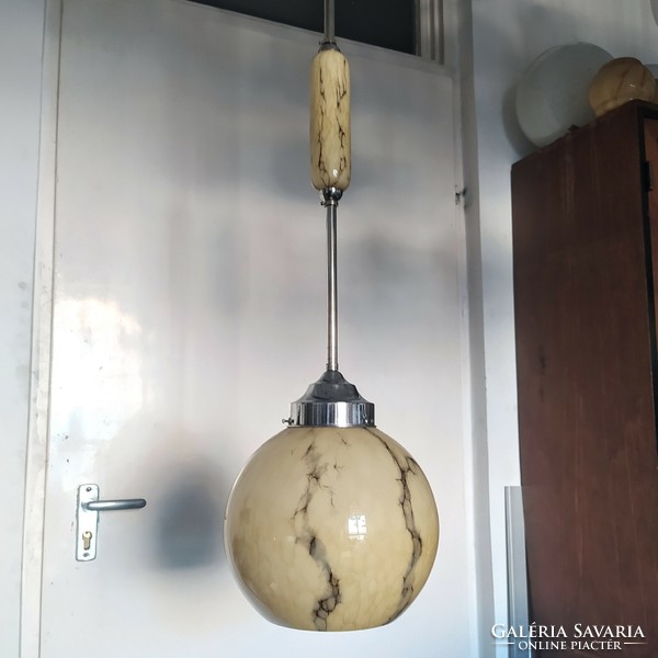 Art deco nikkelezett mennyezeti lámpa felújítva - márványozott búra - Lampart