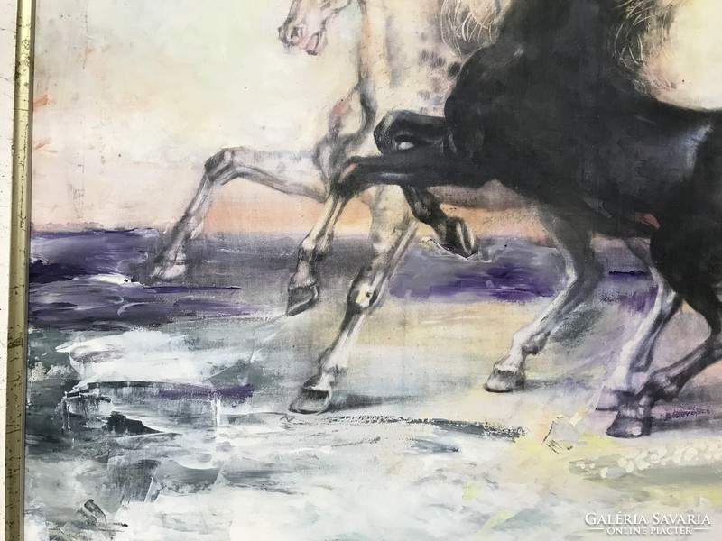 Délvidéki  talán szerb festő szignált olajkép  : Ágaskodó lovak