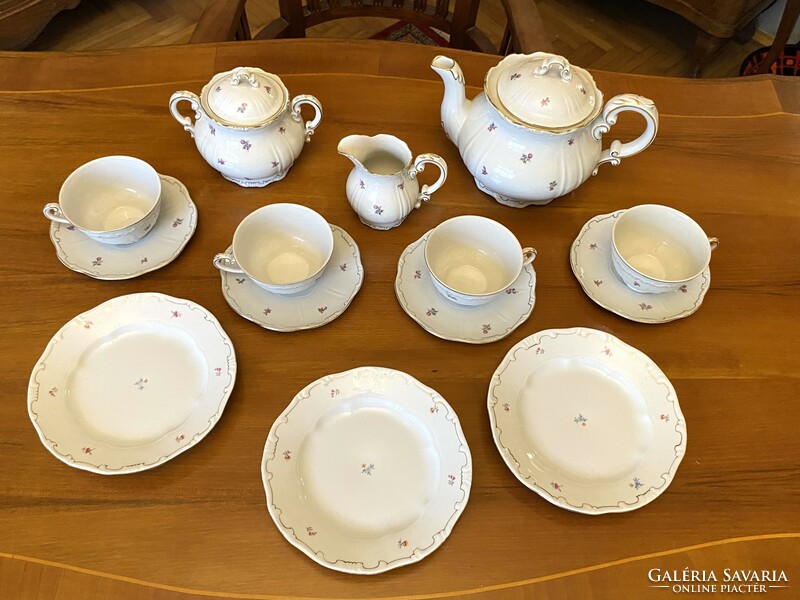 Set of 4 tea cups + base + sugar bowl with lid + jug + milk spout + 3 plates Zsolnay porcelain