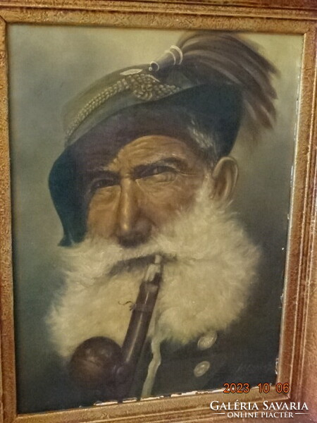 Richard Kellerhals ( 1878-1968): Bavarian hunter with a big beard smoking a pipe, oil painting