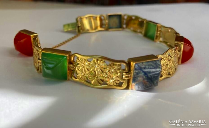 Antique flower pattern 14th century gold bracelet with semi-precious stones