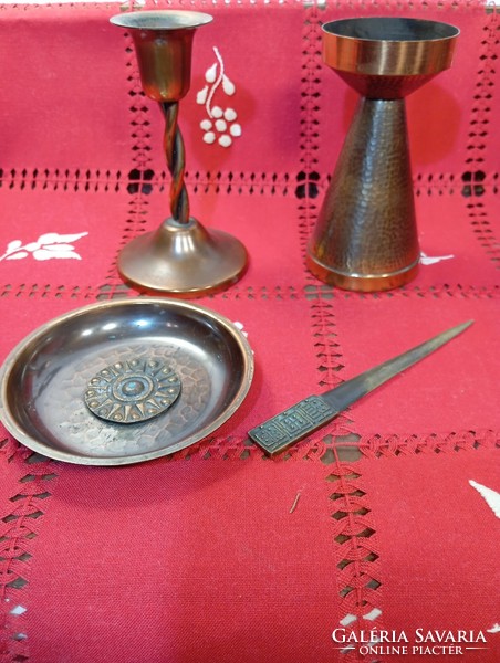 Retro copper candle holders, bowl, leaf cutter