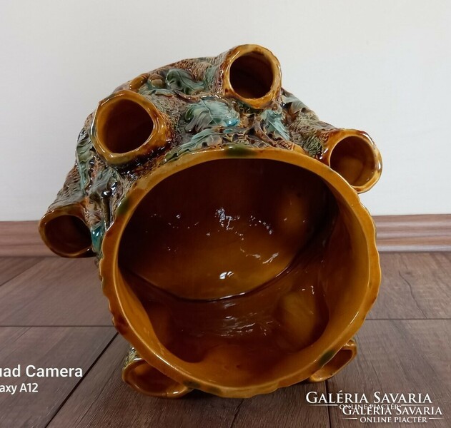Antik osztrák majolika Palissy stílusú tölgyfatörzs váza