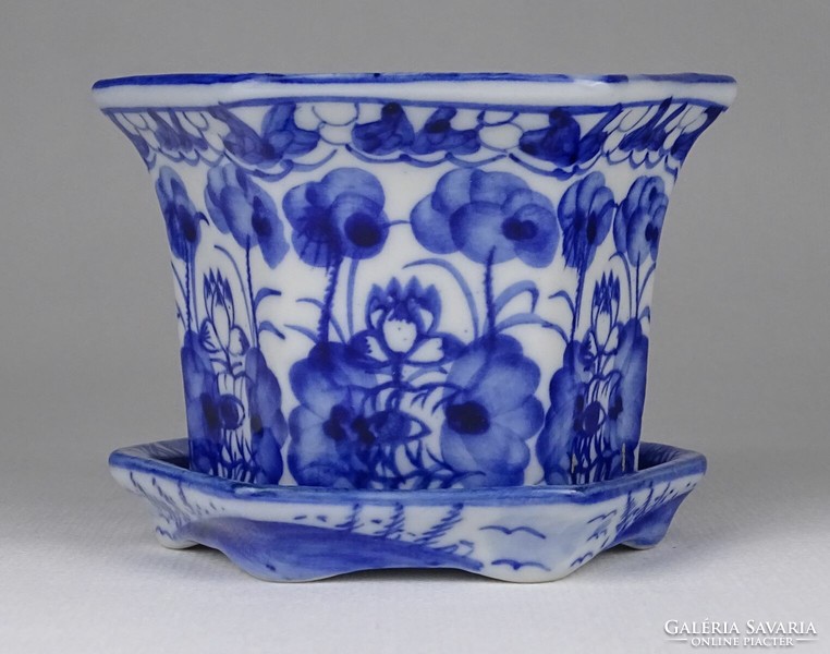 1Q084 Régi kisméretű kék-fehér kézi festésű porcelán kaspó alátéttel