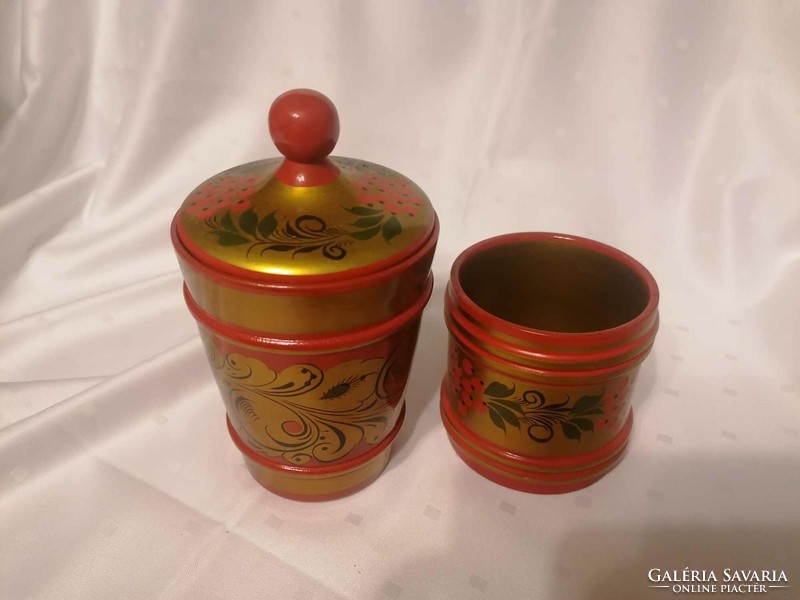 Lacquered Russian wooden folk box and glass