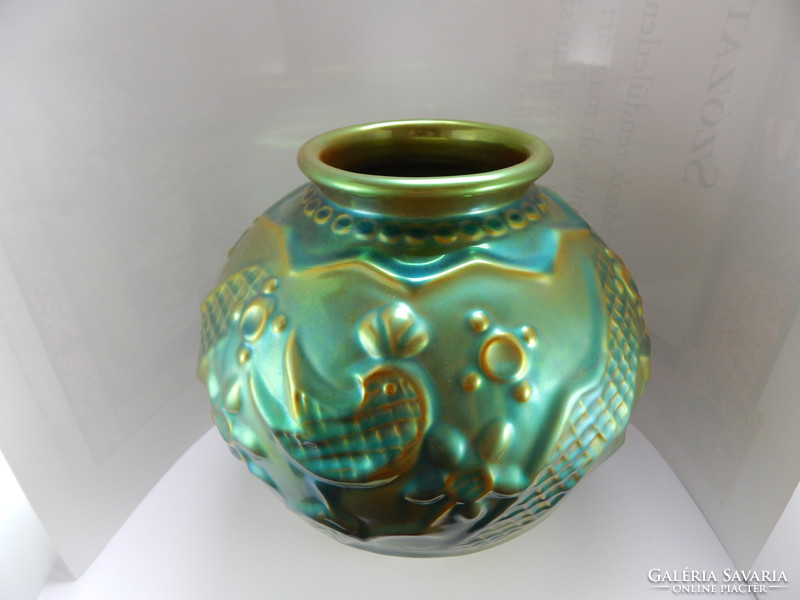 Zsolnay, andrás sinko green eosin glazed bird porcelain vase,
