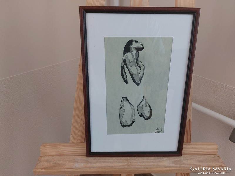 (K) enigmatic nude painting with frame 26x38 cm