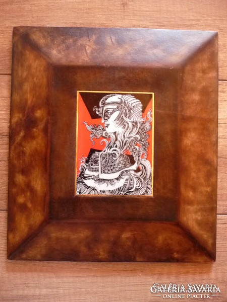 Raven house Saxon endre porcelain picture in leather frame