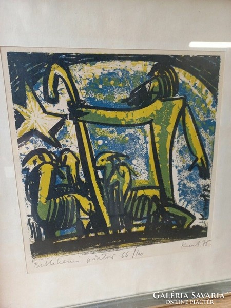 Retro Hungarian picture, linocut. Ernő Kunt. Shepherd of Bethlehem