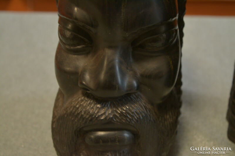 Pair of ebony head statues or bookends, marked