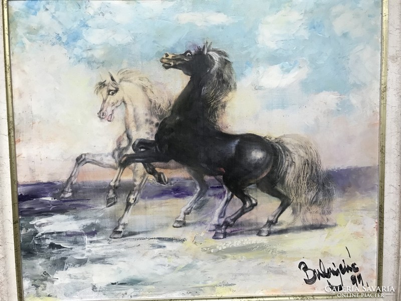 Signed oil painting by a possibly Serbian painter from the south region: galloping horses