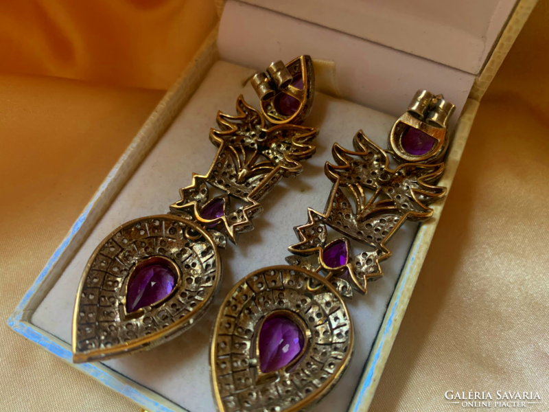 Antique earrings with diamonds and amethyst stones, gold-silver