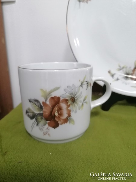 Ritkább Alföldi porcelán retro barna rózsás nagy lapos tányér + bögre