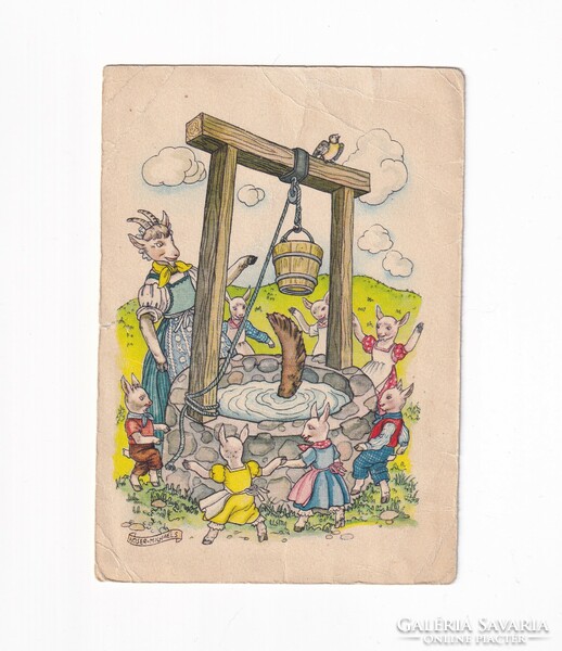 M:01 Üdvözlő antik képeslap mese-reklám, postatiszta (A Farkas és a hét kecskegida)