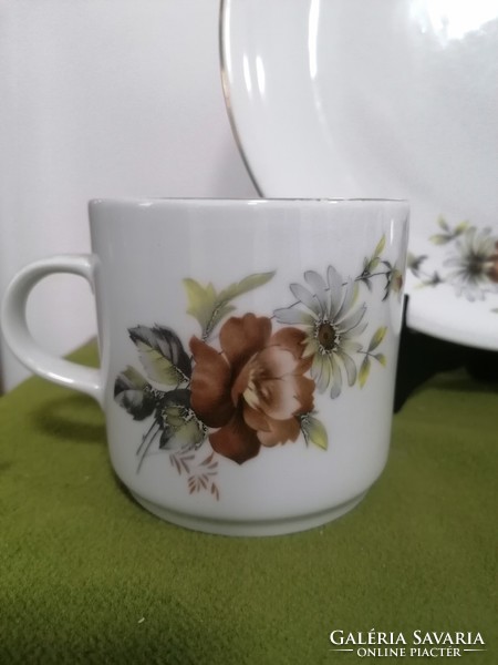 Ritkább Alföldi porcelán retro barna rózsás nagy lapos tányér + bögre