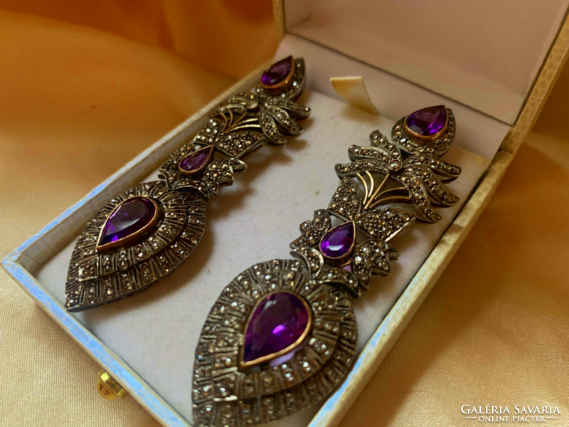 Antique earrings with diamonds and amethyst stones, gold-silver