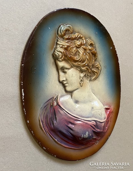 Painted metal female bust oval wall picture relief 26 x 34 cm