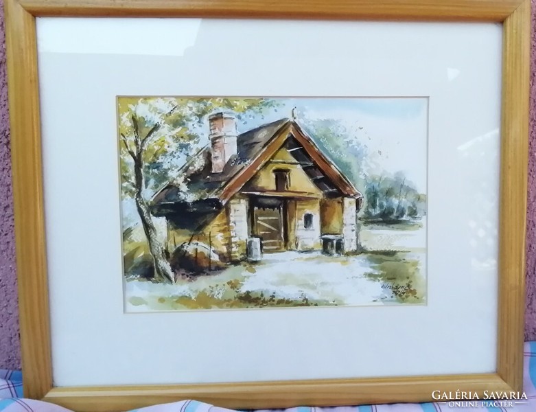 Lonely farm, framed watercolor painting. The work of contemporary painter Ernő Bíró