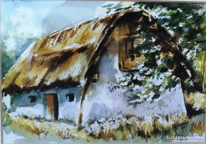 Lowland farmhouse with thatched roof, framed watercolor painting. The work of contemporary painter Ernő Bíró