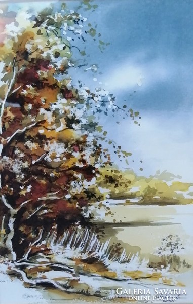 Wind-torn poplar, framed watercolor painting. The work of contemporary painter Ernő Bíró