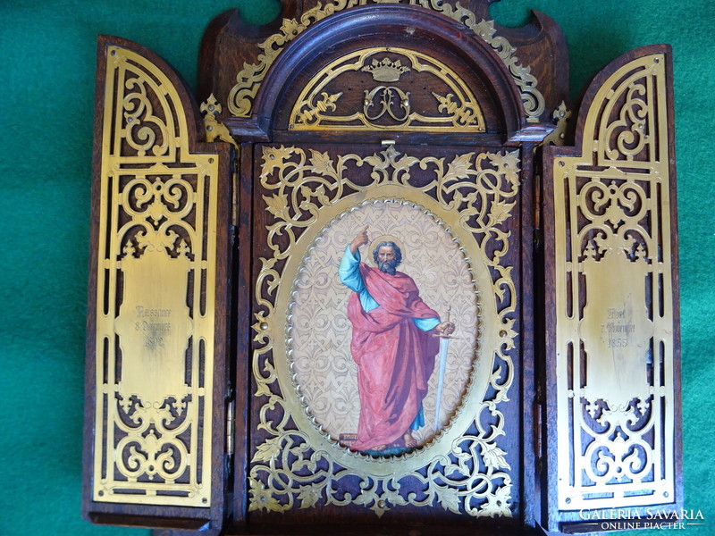 Antik házi oltár Franz Theyer Wien Mester munkája Jelzett kézzel festett szenttel