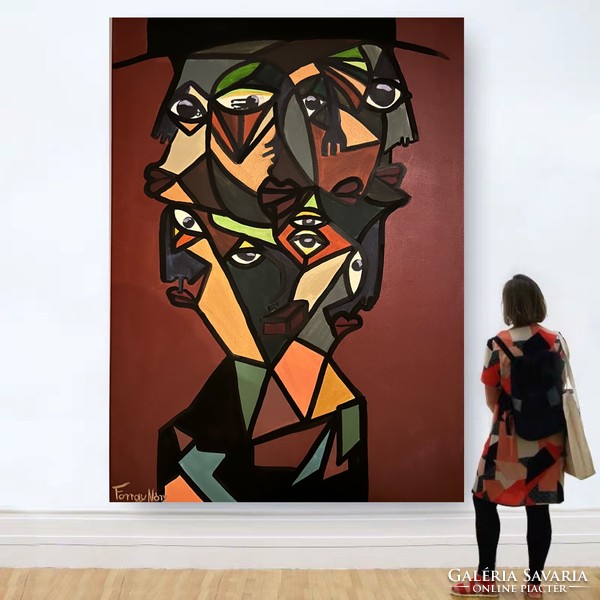 Cubist modern acrylic canvas painting by Nóry Forray 50x70 cm - labyrinth of faces c.