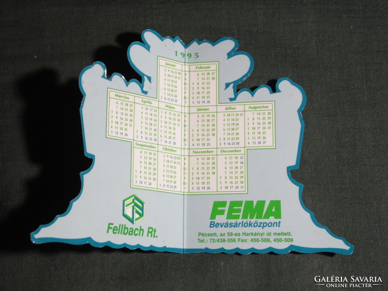 Kártyanaptár, FEMA bevásárlóközpont áruház, Pécs, grafikai rajzos, reklám figura, dino, 1995,   (5)