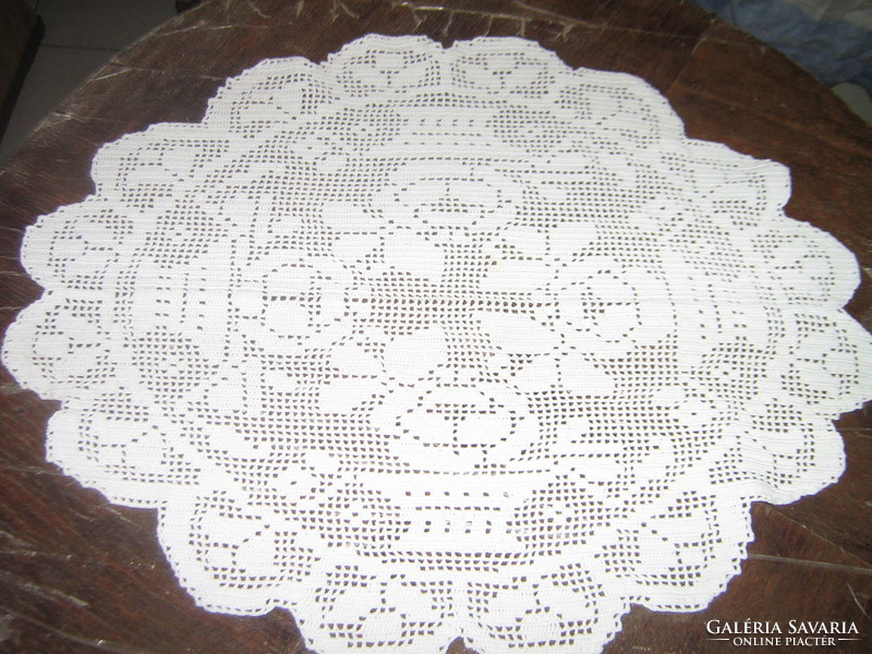Beautiful white hand crocheted oval floral antique lace tablecloth