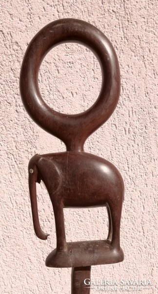 Walking stick with mahogany elephant sculpture, in restored condition, unique rarity