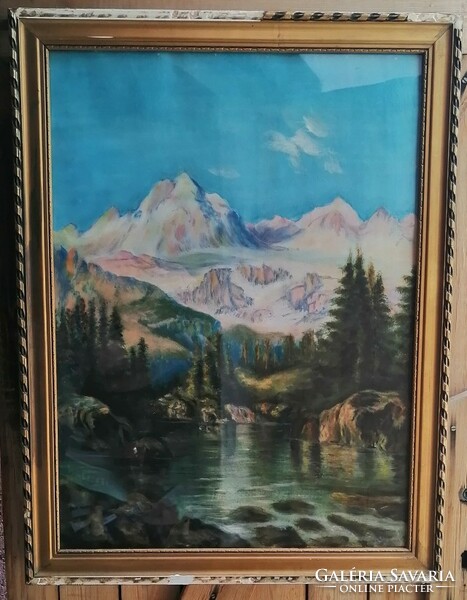 Alpine landscape with a swollen stream, controversial pastel-cardboard painting, by an unknown artist