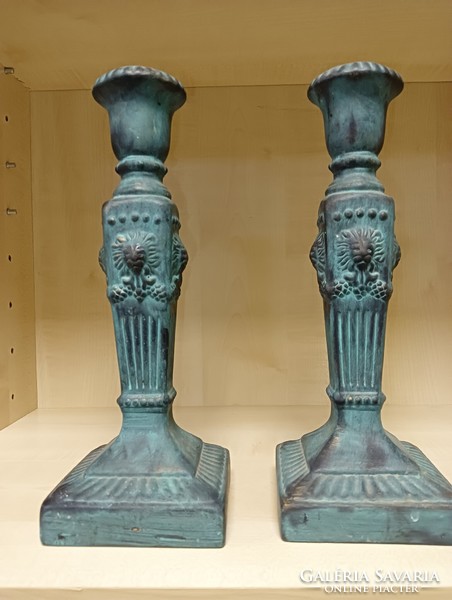 Pair of lion blue ceramic candle holders