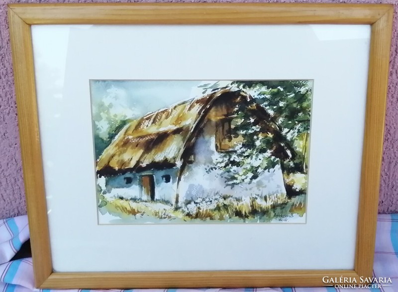 Lowland farmhouse with thatched roof, framed watercolor painting. The work of contemporary painter Ernő Bíró